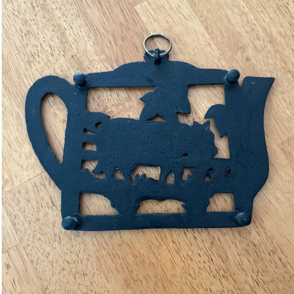 Vintage Black Cast Iron Tea Kettle Cow Wall Hanging 6x8 Kitchen Trivet Cottage